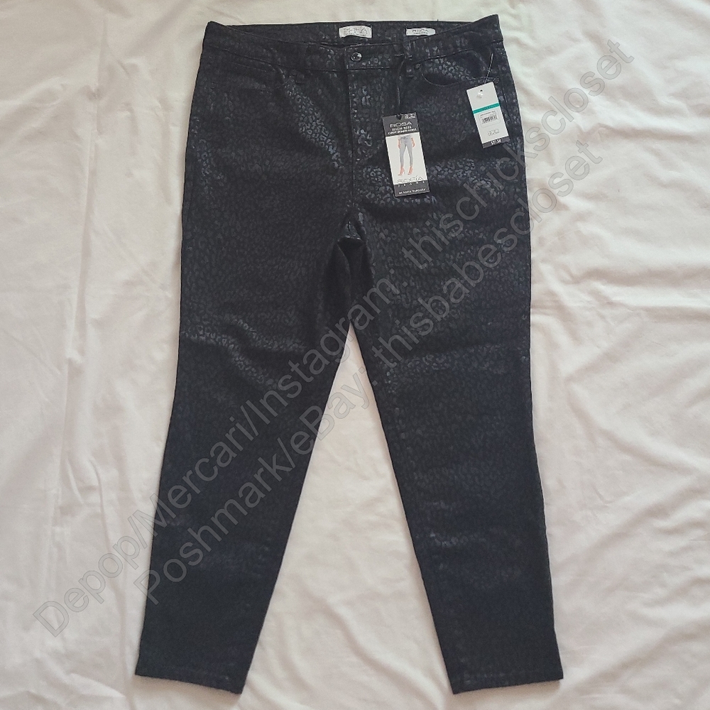 NWT Sofia Vergara Jeans Black Rosa Curvy Doll Leopard High Waist Ankle Jeans, 16